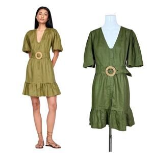 Marie Oliver | Gwyneth Linen Olive Green Belted Bell Sleeve Designer Mini Dress